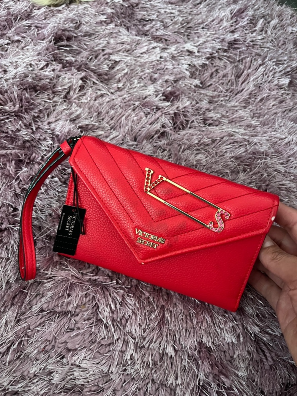 Victoria's Secret Red Quilted Envelope Wristlet with Gold Accents